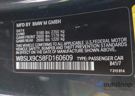 2015 BMW M6 z USA, uszkodzony, nr VIN WBSLX9C58FD160609